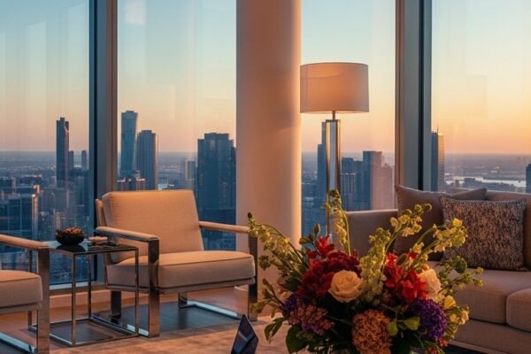 A beautifully styled aspirational millionaire lifestyle scene featuring a luxurious penthouse living room, financial planning books, investment charts, elegant decor, and golden lighting, showcasing 22 millionaire lifestyle ideas as a blueprint for achieving financial freedom and living rich.