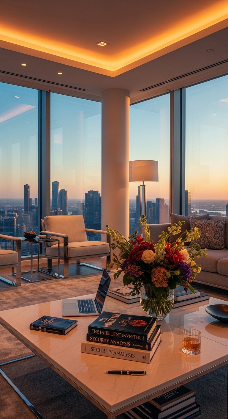 A beautifully styled aspirational millionaire lifestyle scene featuring a luxurious penthouse living room, financial planning books, investment charts, elegant decor, and golden lighting, showcasing 22 millionaire lifestyle ideas as a blueprint for achieving financial freedom and living rich.