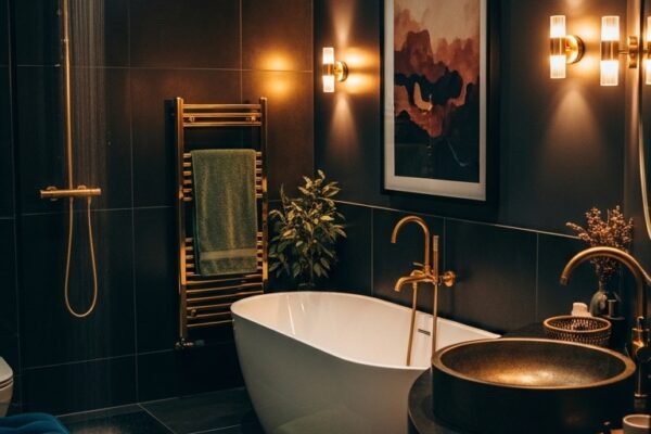 A beautifully transformed moody bathroom featuring dark walls, black tile, warm layered lighting, gold brass fixtures, freestanding tub, and lush plants, showcasing 20 moody bathroom ideas to create a dramatic and luxurious sanctuary at home.