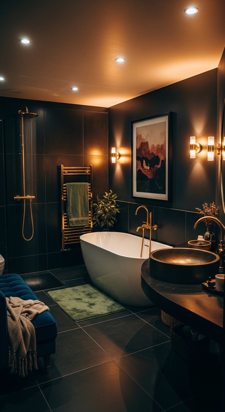 A beautifully transformed moody bathroom featuring dark walls, black tile, warm layered lighting, gold brass fixtures, freestanding tub, and lush plants, showcasing 20 moody bathroom ideas to create a dramatic and luxurious sanctuary at home.