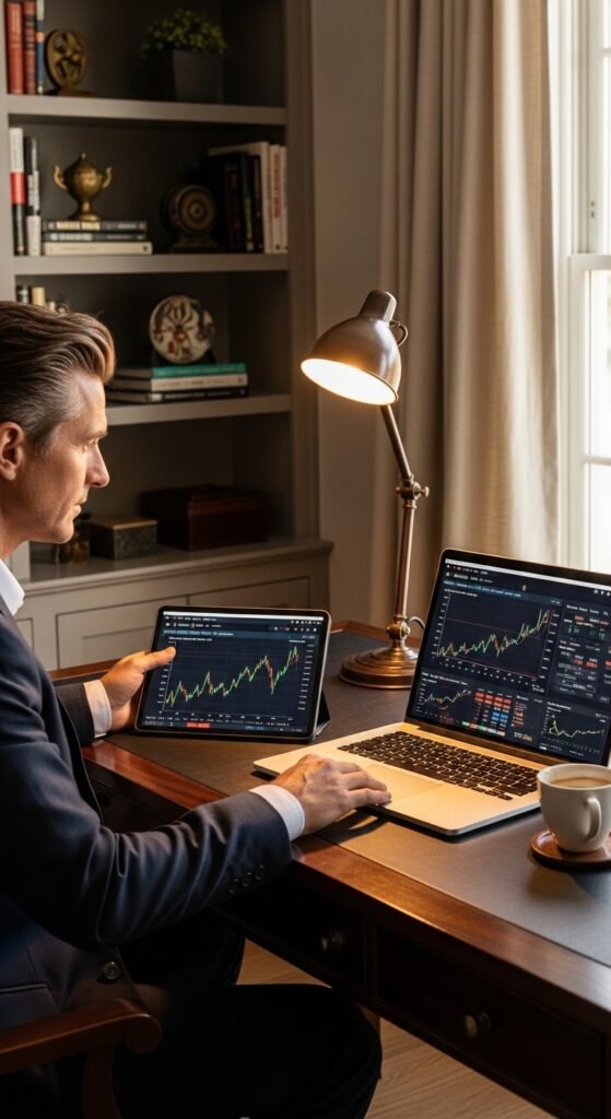 A beautifully styled aspirational millionaire lifestyle scene featuring a luxurious penthouse living room, financial planning books, investment charts, elegant decor, and golden lighting, showcasing 22 millionaire lifestyle ideas as a blueprint for achieving financial freedom and living rich.