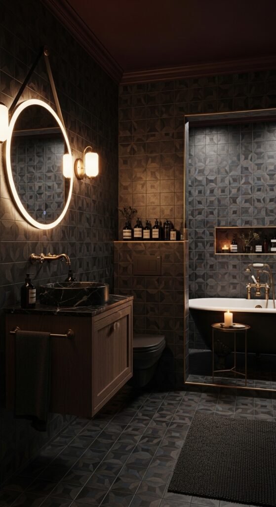 A beautifully transformed moody bathroom featuring dark walls, black tile, warm layered lighting, gold brass fixtures, freestanding tub, and lush plants, showcasing 20 moody bathroom ideas to create a dramatic and luxurious sanctuary at home.