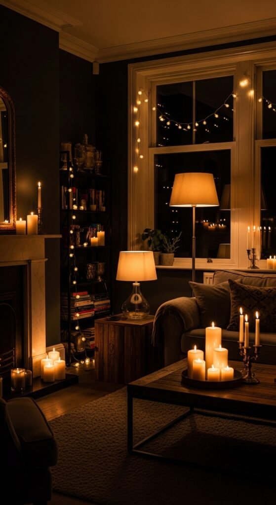 A beautifully transformed moody living room featuring dark walls, warm layered lighting, plush velvet sofa, rich wood furniture, heavy curtains, and curated accessories, showcasing 25 moody living room ideas to create a cozy and dramatic haven at home.