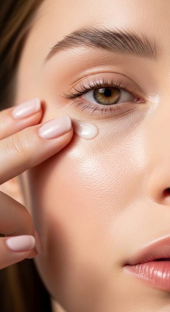 A breathtaking close-up beauty portrait of a woman with flawless dewy glass skin reflecting light beautifully, surrounded by elegant Korean skincare products on a white marble surface, showcasing 15 glass skin routine ideas as a complete guide to achieving the ultimate Korean glow.