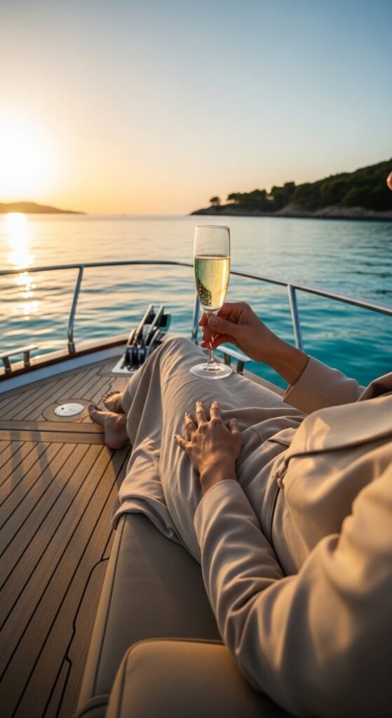 A breathtaking aspirational luxury lifestyle dreams scene featuring a stunning penthouse terrace with infinity pool, champagne, fresh flowers, and golden hour city skyline views, showcasing 23 luxury lifestyle dreams ideas to inspire and guide you in building your ultimate dream life starting today.