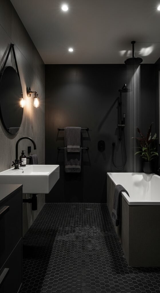 A beautifully transformed moody bathroom featuring dark walls, black tile, warm layered lighting, gold brass fixtures, freestanding tub, and lush plants, showcasing 20 moody bathroom ideas to create a dramatic and luxurious sanctuary at home.