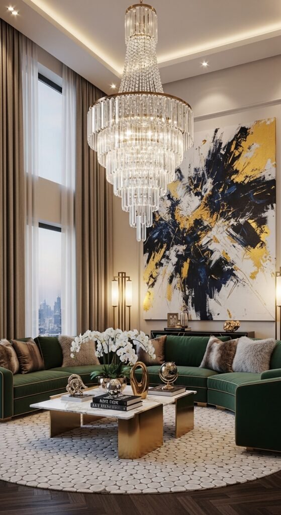 A breathtaking luxury lifestyle aesthetic living room featuring rich jewel toned decor, gold accents, layered textures, dramatic lighting, and curated art, showcasing 15 luxury lifestyle aesthetic ideas to transform your everyday space into an extraordinary and opulent experience.