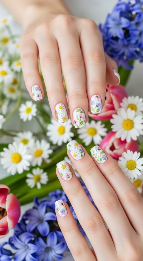 A stunning spring nails editorial featuring beautifully manicured hands with pastel florals, butterfly accents, glazed donut chrome, and vibrant color-blocked designs surrounded by fresh spring flowers, showcasing 20 spring nails ideas for fresh blooming manicures to welcome the sunshine.