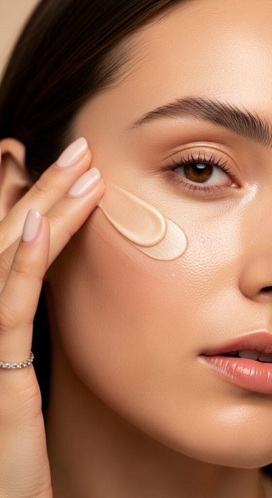 A breathtaking close-up beauty portrait of a woman with flawless dewy glass skin reflecting light beautifully, surrounded by elegant Korean skincare products on a white marble surface, showcasing 15 glass skin routine ideas as a complete guide to achieving the ultimate Korean glow.