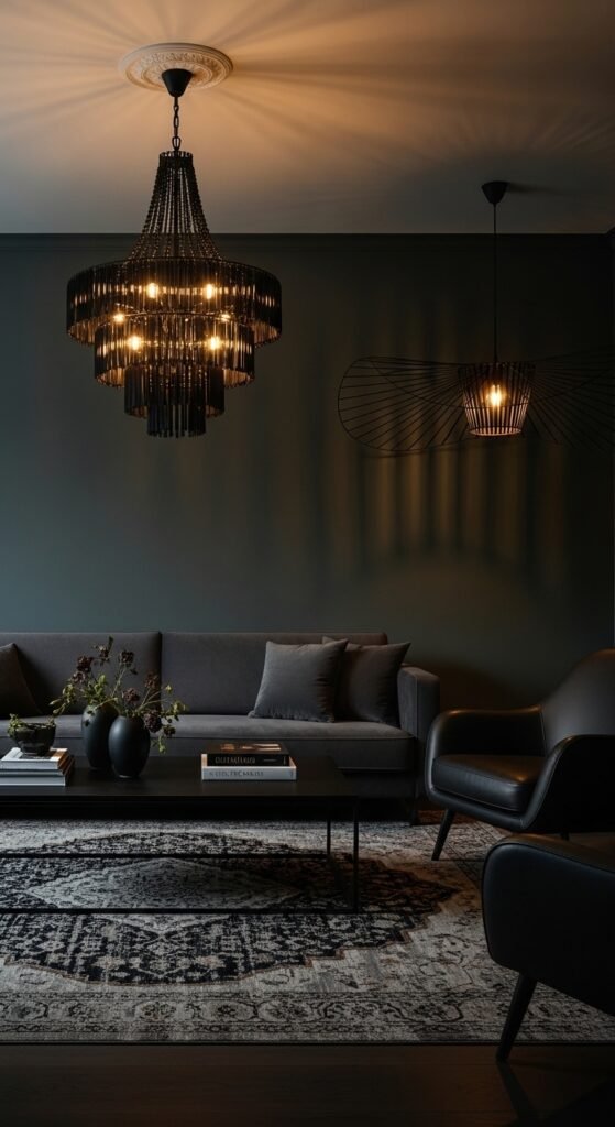 A beautifully transformed moody living room featuring dark walls, warm layered lighting, plush velvet sofa, rich wood furniture, heavy curtains, and curated accessories, showcasing 25 moody living room ideas to create a cozy and dramatic haven at home.