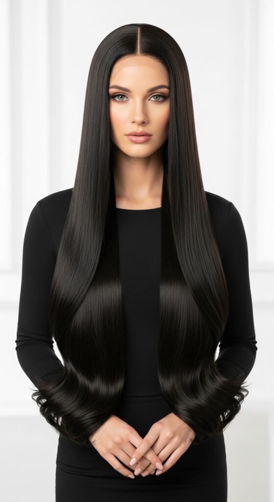 A stunning beauty editorial showcasing diverse chic straight wig hairstyles including sleek bobs, long layers, bangs, ponytails, and ombre styles on beautiful women, illustrating 20 straight wig hairstyles ideas to transform your look with versatile and glamorous straight wig options.