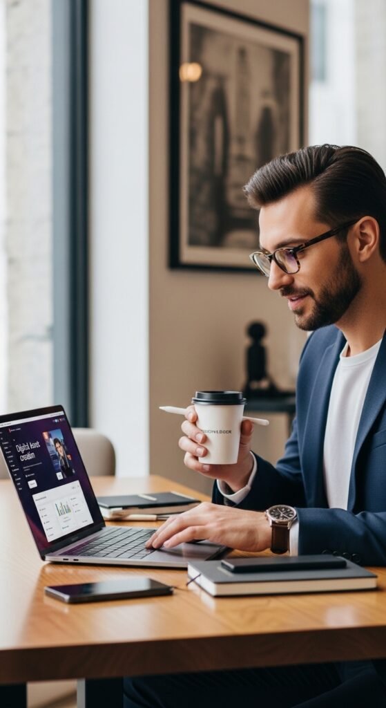 A beautifully styled aspirational millionaire lifestyle scene featuring a luxurious penthouse living room, financial planning books, investment charts, elegant decor, and golden lighting, showcasing 22 millionaire lifestyle ideas as a blueprint for achieving financial freedom and living rich.