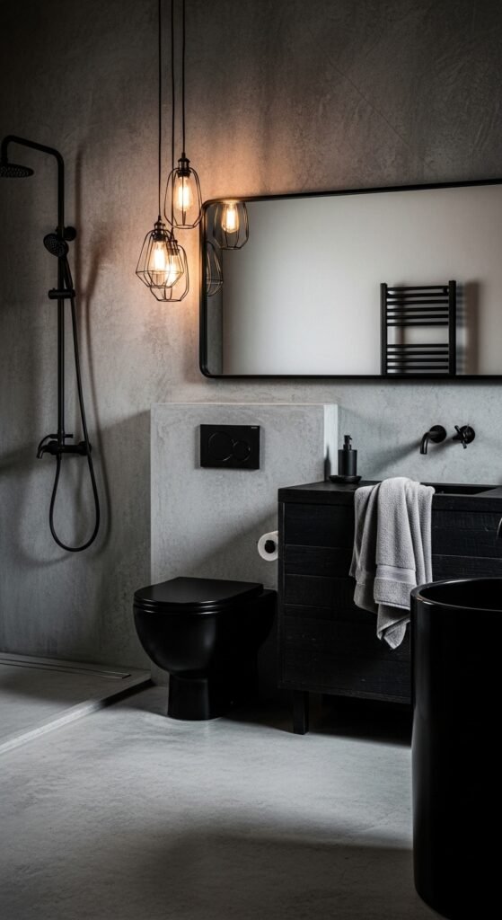 A beautifully transformed moody bathroom featuring dark walls, black tile, warm layered lighting, gold brass fixtures, freestanding tub, and lush plants, showcasing 20 moody bathroom ideas to create a dramatic and luxurious sanctuary at home.