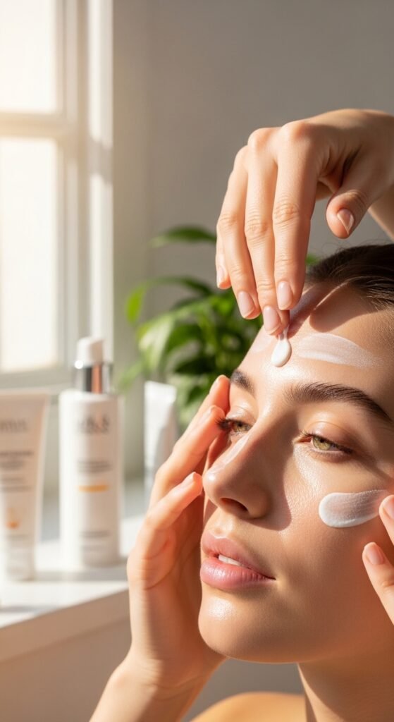 A breathtaking close-up beauty portrait of a woman with flawless dewy glass skin reflecting light beautifully, surrounded by elegant Korean skincare products on a white marble surface, showcasing 15 glass skin routine ideas as a complete guide to achieving the ultimate Korean glow.