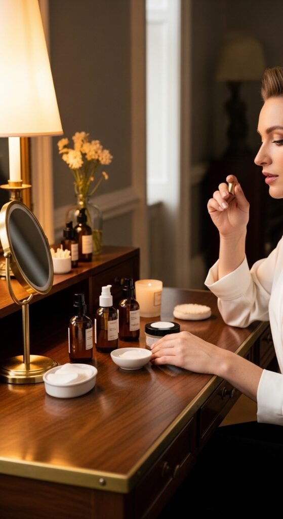 A beautifully styled luxury lifestyle scene featuring an elegant penthouse living room with fresh flowers, gold accents, quality books, warm dramatic lighting, and floor-to-ceiling city views, showcasing 24 luxury lifestyle ideas to transform your everyday existence into an extraordinary and fulfilling life.