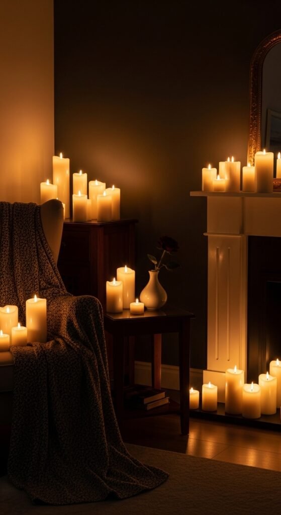 A beautifully transformed moody living room featuring dark walls, warm layered lighting, plush velvet sofa, rich wood furniture, heavy curtains, and curated accessories, showcasing 25 moody living room ideas to create a cozy and dramatic haven at home.