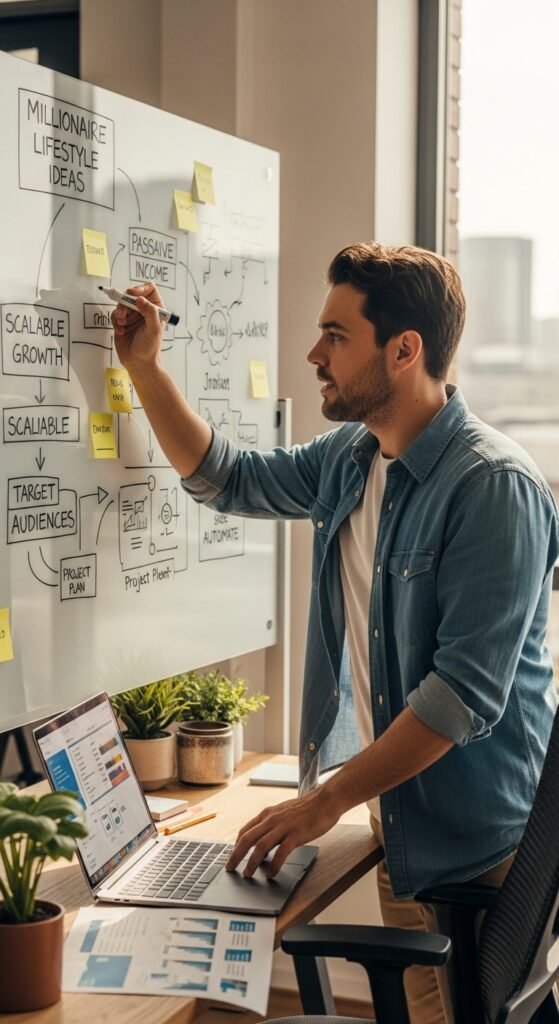 A beautifully styled aspirational millionaire lifestyle scene featuring a luxurious penthouse living room, financial planning books, investment charts, elegant decor, and golden lighting, showcasing 22 millionaire lifestyle ideas as a blueprint for achieving financial freedom and living rich.