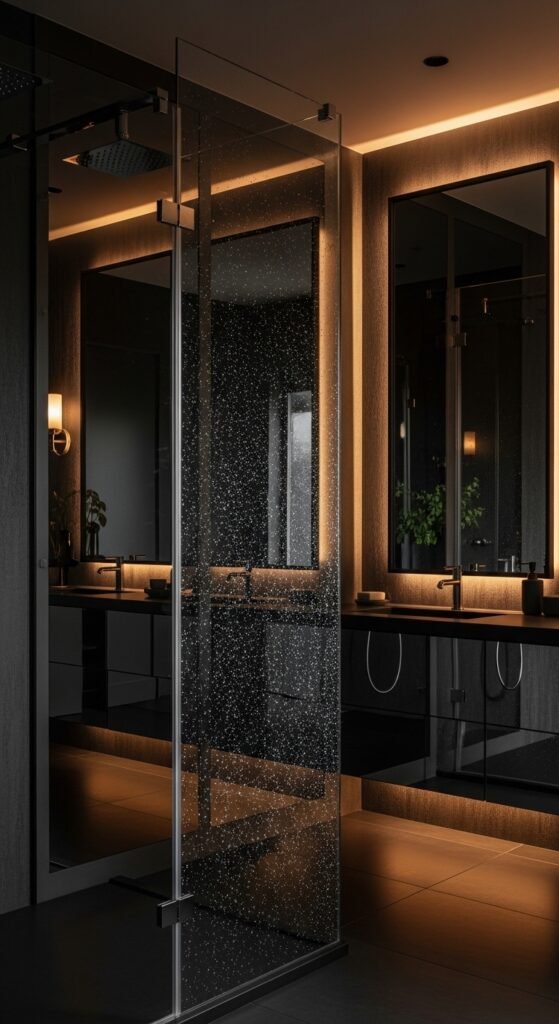 A beautifully transformed moody bathroom featuring dark walls, black tile, warm layered lighting, gold brass fixtures, freestanding tub, and lush plants, showcasing 20 moody bathroom ideas to create a dramatic and luxurious sanctuary at home.