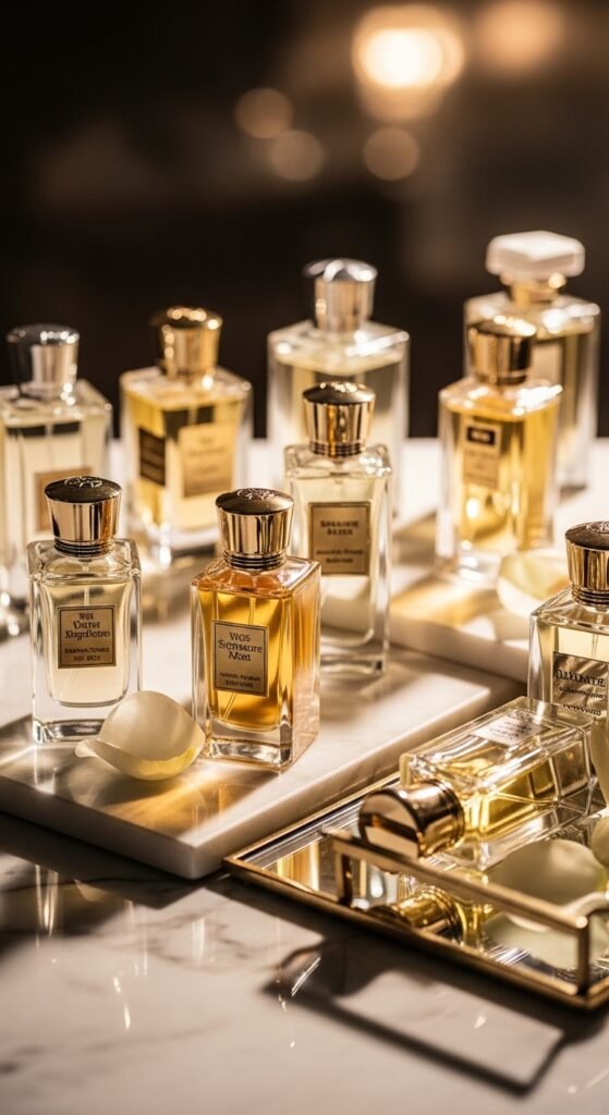 A beautifully styled luxury lifestyle scene featuring an elegant penthouse living room with fresh flowers, gold accents, quality books, warm dramatic lighting, and floor-to-ceiling city views, showcasing 24 luxury lifestyle ideas to transform your everyday existence into an extraordinary and fulfilling life.