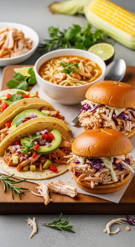 A beautifully styled spread of multiple delicious chicken dinner dishes including golden roasted chicken, creamy pasta, and spicy stir fry arranged on a rustic wooden dining table, showcasing 20 chicken dinner ideas that are easy, flavorful, and perfect for saving your sanity on busy weeknights.