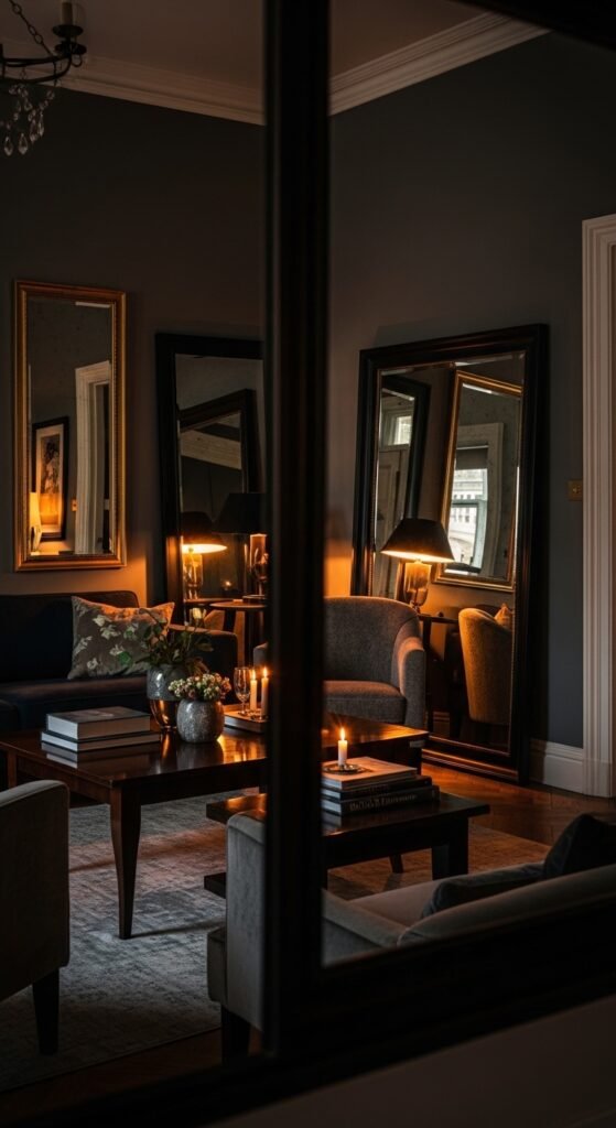 A beautifully transformed moody living room featuring dark walls, warm layered lighting, plush velvet sofa, rich wood furniture, heavy curtains, and curated accessories, showcasing 25 moody living room ideas to create a cozy and dramatic haven at home.