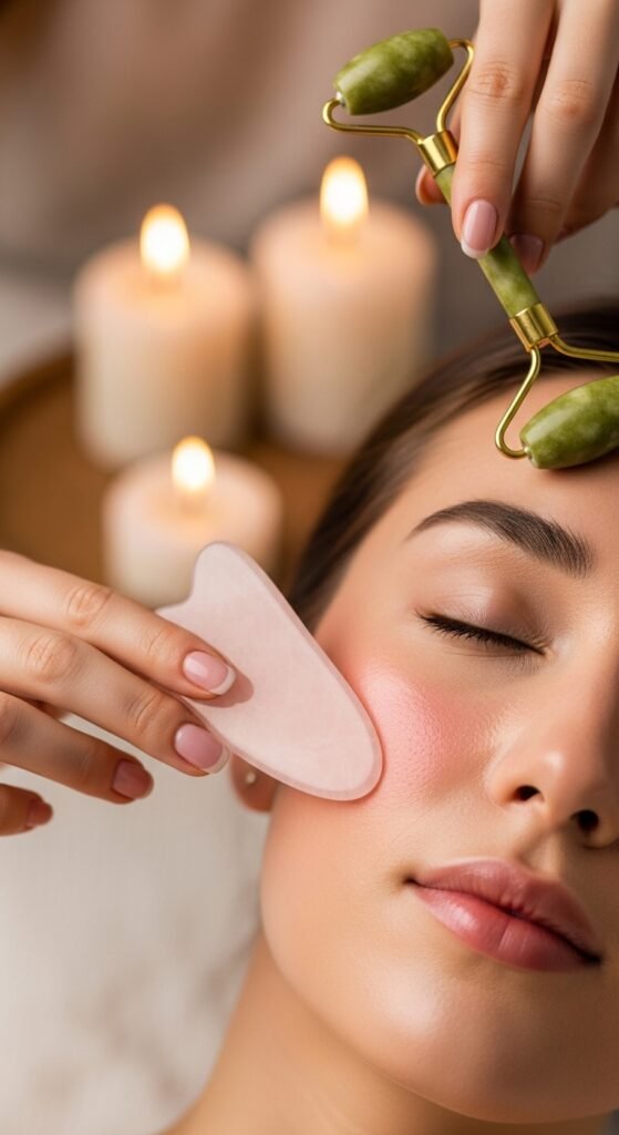 A breathtaking close-up beauty portrait of a woman with flawless dewy glass skin reflecting light beautifully, surrounded by elegant Korean skincare products on a white marble surface, showcasing 15 glass skin routine ideas as a complete guide to achieving the ultimate Korean glow.