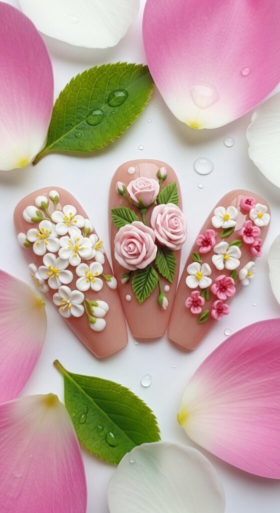 A stunning spring nails editorial featuring beautifully manicured hands with pastel florals, butterfly accents, glazed donut chrome, and vibrant color-blocked designs surrounded by fresh spring flowers, showcasing 20 spring nails ideas for fresh blooming manicures to welcome the sunshine.