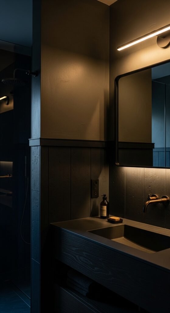 A beautifully transformed moody bathroom featuring dark walls, black tile, warm layered lighting, gold brass fixtures, freestanding tub, and lush plants, showcasing 20 moody bathroom ideas to create a dramatic and luxurious sanctuary at home.