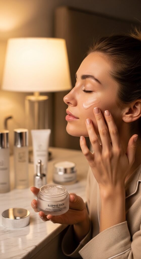 A breathtaking close-up beauty portrait of a woman with flawless dewy glass skin reflecting light beautifully, surrounded by elegant Korean skincare products on a white marble surface, showcasing 15 glass skin routine ideas as a complete guide to achieving the ultimate Korean glow.