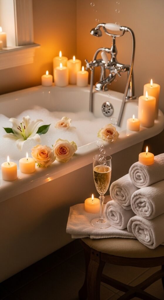 A beautifully styled luxury lifestyle scene featuring an elegant penthouse living room with fresh flowers, gold accents, quality books, warm dramatic lighting, and floor-to-ceiling city views, showcasing 24 luxury lifestyle ideas to transform your everyday existence into an extraordinary and fulfilling life.