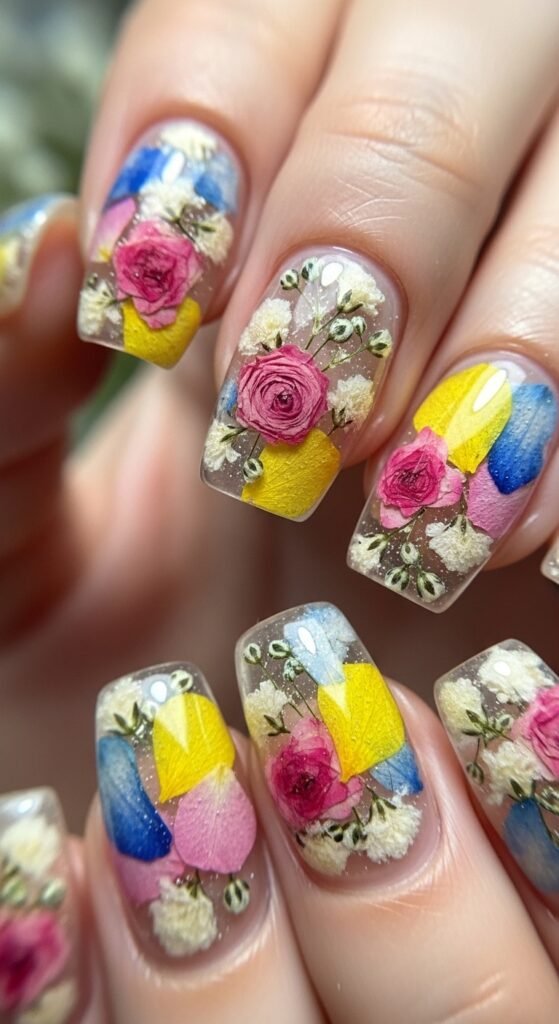 A stunning spring nails editorial featuring beautifully manicured hands with pastel florals, butterfly accents, glazed donut chrome, and vibrant color-blocked designs surrounded by fresh spring flowers, showcasing 20 spring nails ideas for fresh blooming manicures to welcome the sunshine.