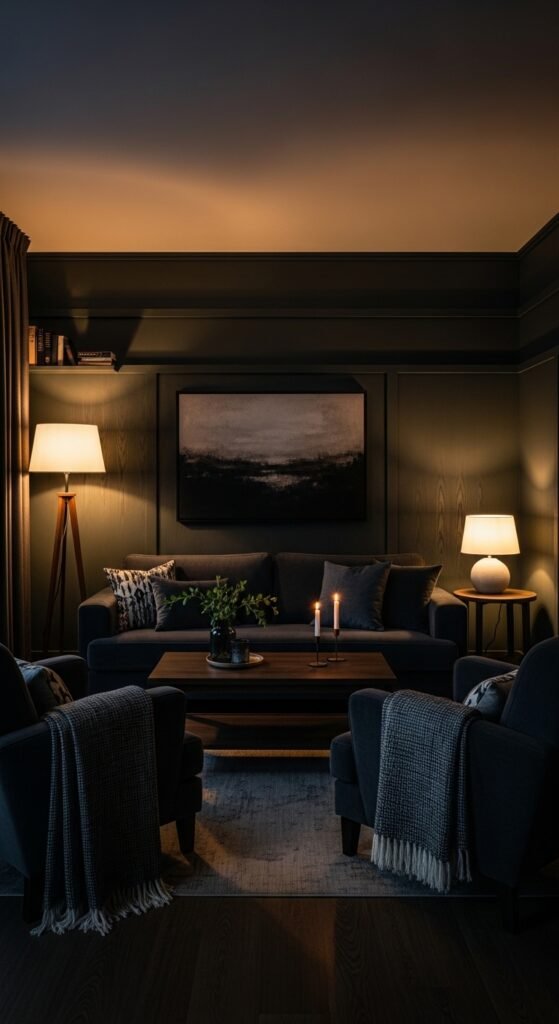 A beautifully transformed moody living room featuring dark walls, warm layered lighting, plush velvet sofa, rich wood furniture, heavy curtains, and curated accessories, showcasing 25 moody living room ideas to create a cozy and dramatic haven at home.