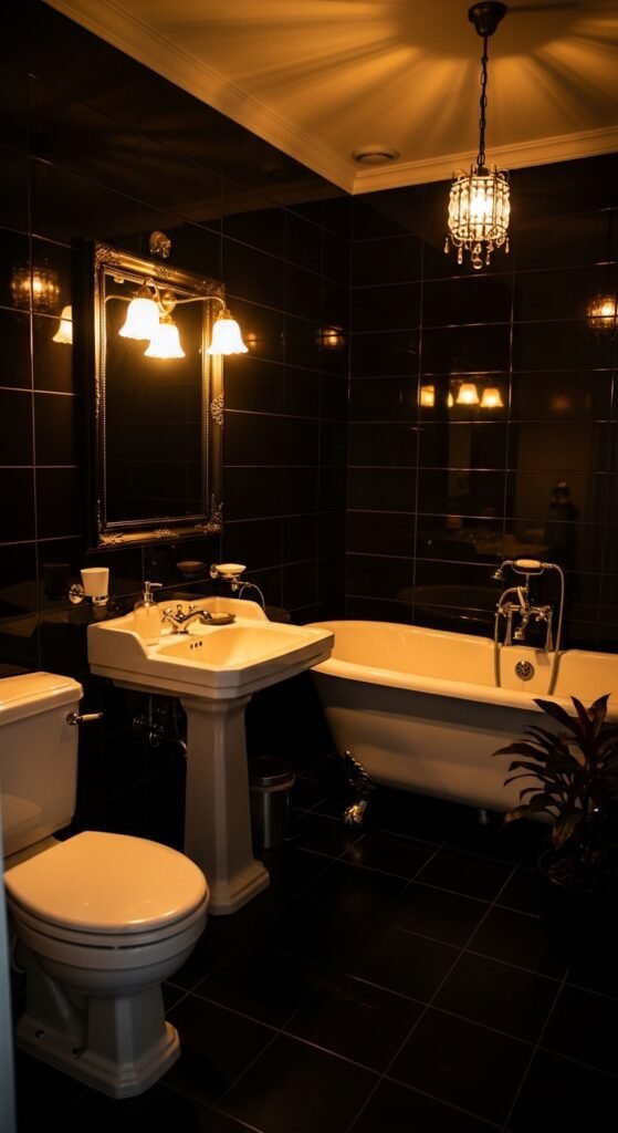 A beautifully transformed moody bathroom featuring dark walls, black tile, warm layered lighting, gold brass fixtures, freestanding tub, and lush plants, showcasing 20 moody bathroom ideas to create a dramatic and luxurious sanctuary at home.