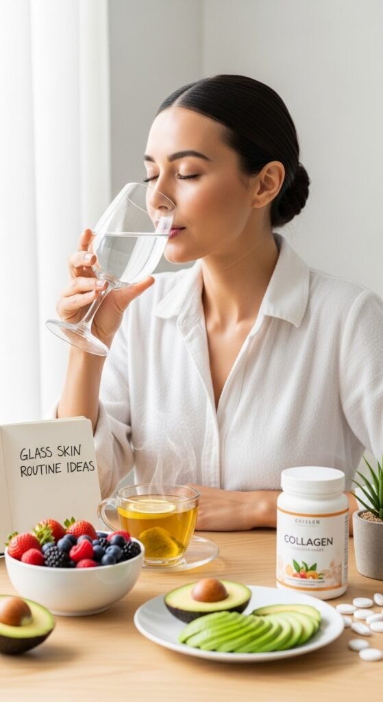 A breathtaking close-up beauty portrait of a woman with flawless dewy glass skin reflecting light beautifully, surrounded by elegant Korean skincare products on a white marble surface, showcasing 15 glass skin routine ideas as a complete guide to achieving the ultimate Korean glow.
