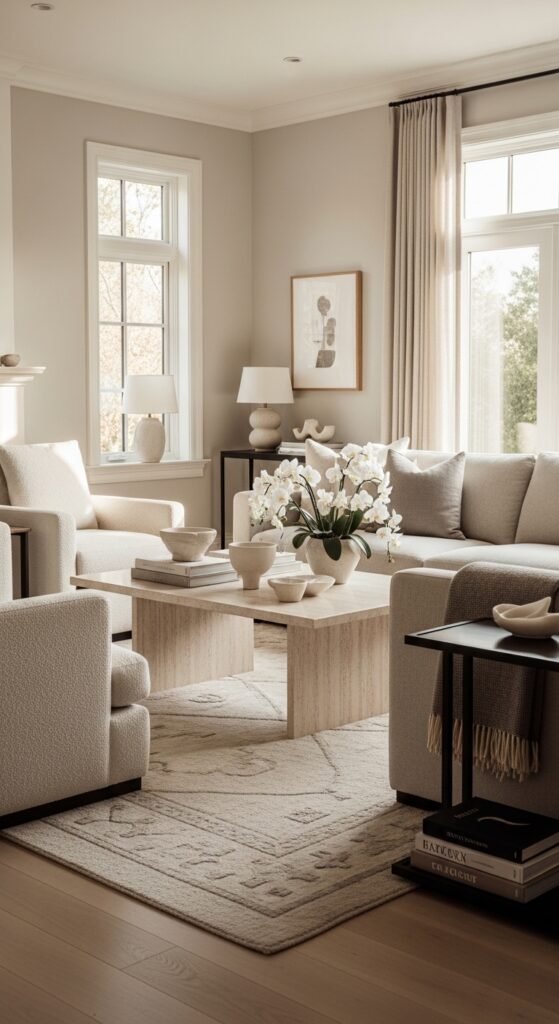 A beautifully styled quiet luxury living room featuring neutral tones, fresh white flowers, quality leather books, cashmere throw, and soft natural light, illustrating 20 rich life aesthetic ideas on how to cultivate quiet luxury and an elevated lifestyle without breaking the bank.