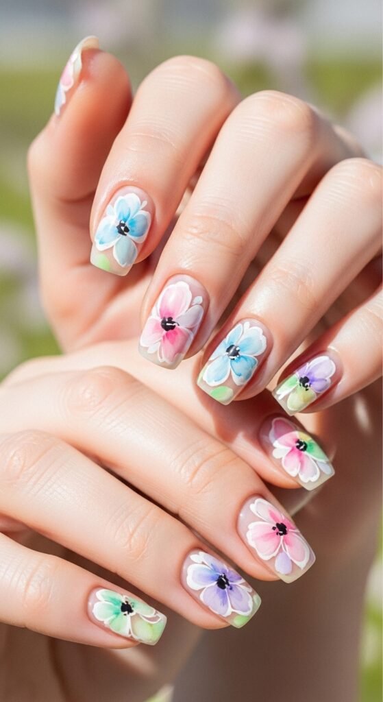 A stunning spring nails editorial featuring beautifully manicured hands with pastel florals, butterfly accents, glazed donut chrome, and vibrant color-blocked designs surrounded by fresh spring flowers, showcasing 20 spring nails ideas for fresh blooming manicures to welcome the sunshine.