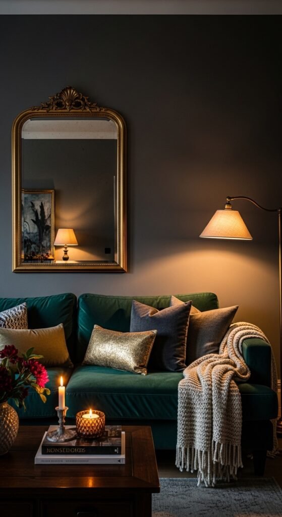 A beautifully transformed moody living room featuring dark walls, warm layered lighting, plush velvet sofa, rich wood furniture, heavy curtains, and curated accessories, showcasing 25 moody living room ideas to create a cozy and dramatic haven at home.
