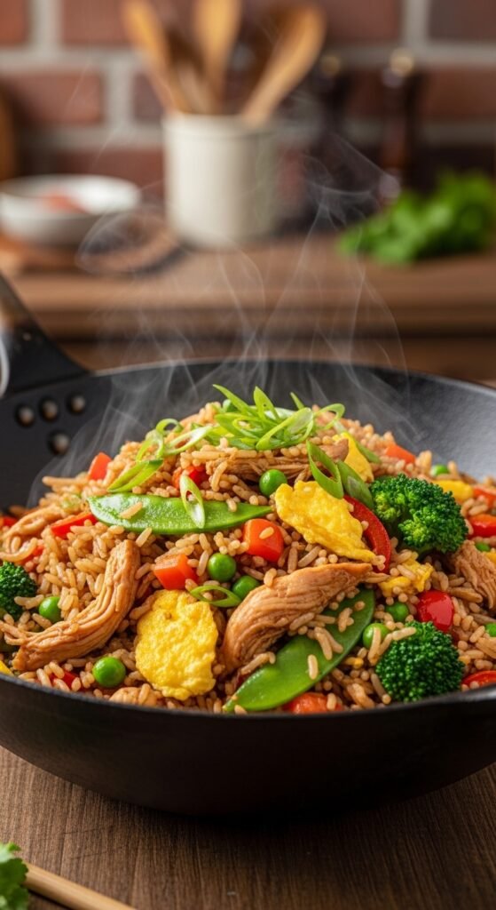 A beautifully styled spread of multiple delicious chicken dinner dishes including golden roasted chicken, creamy pasta, tacos, and stir fry arranged on a rustic wooden dining table, showcasing 15 dinner ideas with chicken that are easy, flavorful, and perfect for every night of the week.