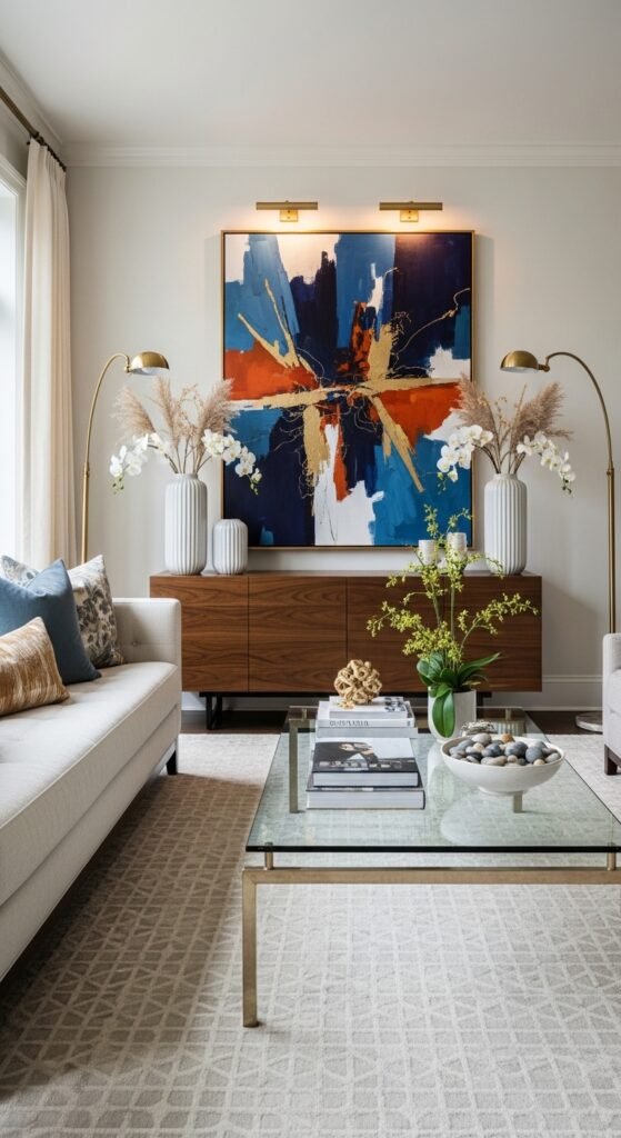 A breathtaking luxury lifestyle aesthetic living room featuring rich jewel toned decor, gold accents, layered textures, dramatic lighting, and curated art, showcasing 15 luxury lifestyle aesthetic ideas to transform your everyday space into an extraordinary and opulent experience.