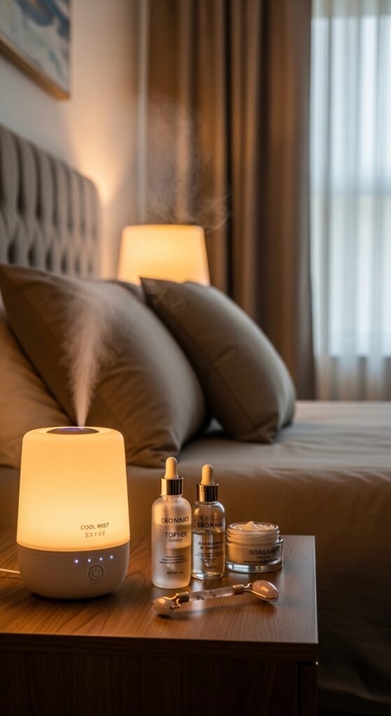 A breathtaking close-up beauty portrait of a woman with flawless dewy glass skin reflecting light beautifully, surrounded by elegant Korean skincare products on a white marble surface, showcasing 15 glass skin routine ideas as a complete guide to achieving the ultimate Korean glow.