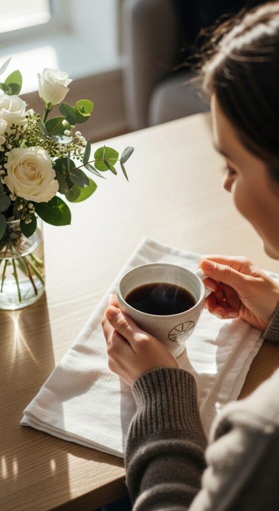 A beautifully styled quiet luxury living room featuring neutral tones, fresh white flowers, quality leather books, cashmere throw, and soft natural light, illustrating 20 rich life aesthetic ideas on how to cultivate quiet luxury and an elevated lifestyle without breaking the bank.