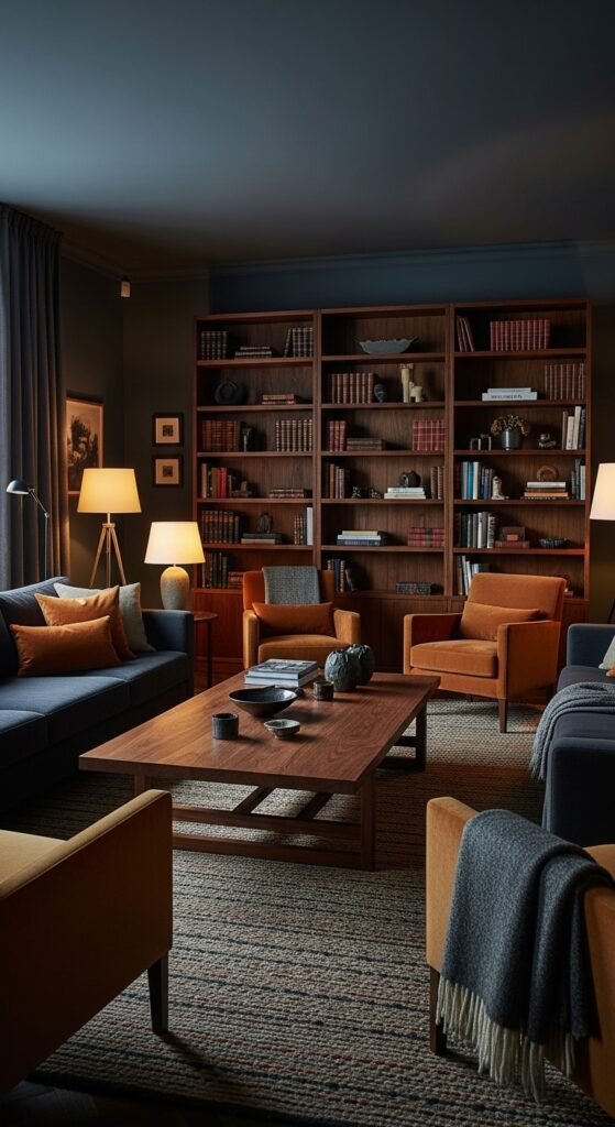 A beautifully transformed moody living room featuring dark walls, warm layered lighting, plush velvet sofa, rich wood furniture, heavy curtains, and curated accessories, showcasing 25 moody living room ideas to create a cozy and dramatic haven at home.