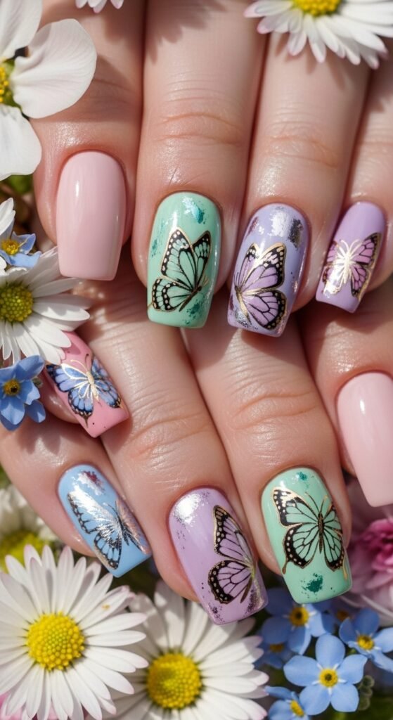 A stunning spring nails editorial featuring beautifully manicured hands with pastel florals, butterfly accents, glazed donut chrome, and vibrant color-blocked designs surrounded by fresh spring flowers, showcasing 20 spring nails ideas for fresh blooming manicures to welcome the sunshine.