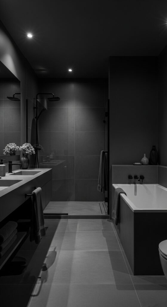 A beautifully transformed moody bathroom featuring dark walls, black tile, warm layered lighting, gold brass fixtures, freestanding tub, and lush plants, showcasing 20 moody bathroom ideas to create a dramatic and luxurious sanctuary at home.