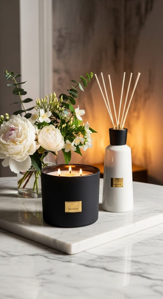 A beautifully styled quiet luxury living room featuring neutral tones, fresh white flowers, quality leather books, cashmere throw, and soft natural light, illustrating 20 rich life aesthetic ideas on how to cultivate quiet luxury and an elevated lifestyle without breaking the bank.