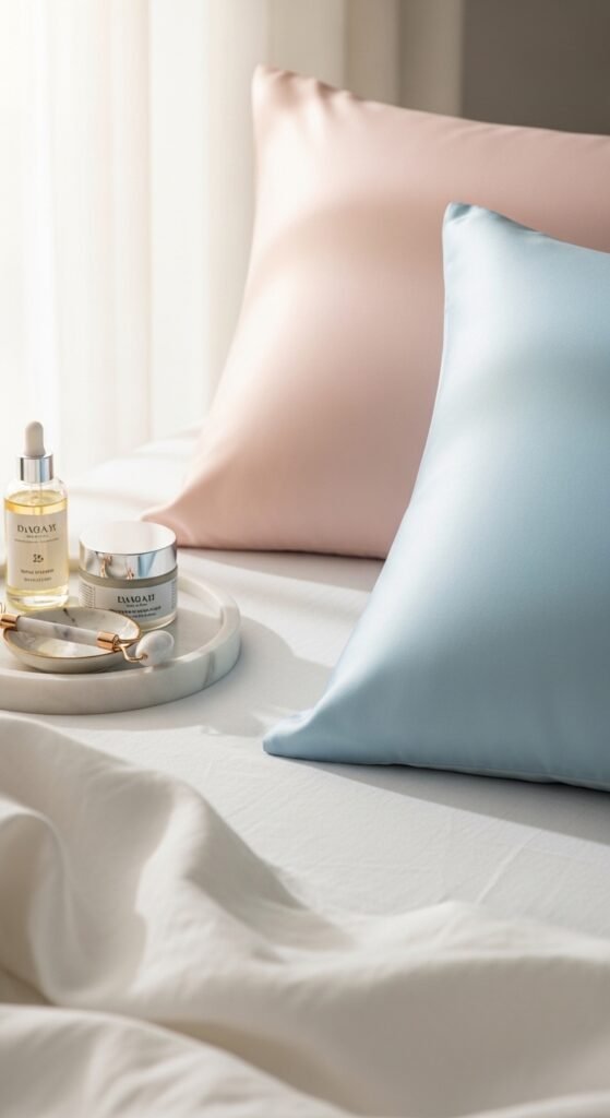 A breathtaking close-up beauty portrait of a woman with flawless dewy glass skin reflecting light beautifully, surrounded by elegant Korean skincare products on a white marble surface, showcasing 15 glass skin routine ideas as a complete guide to achieving the ultimate Korean glow.