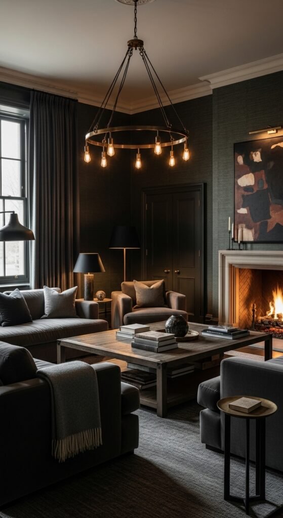 A beautifully transformed moody living room featuring dark walls, warm layered lighting, plush velvet sofa, rich wood furniture, heavy curtains, and curated accessories, showcasing 25 moody living room ideas to create a cozy and dramatic haven at home.