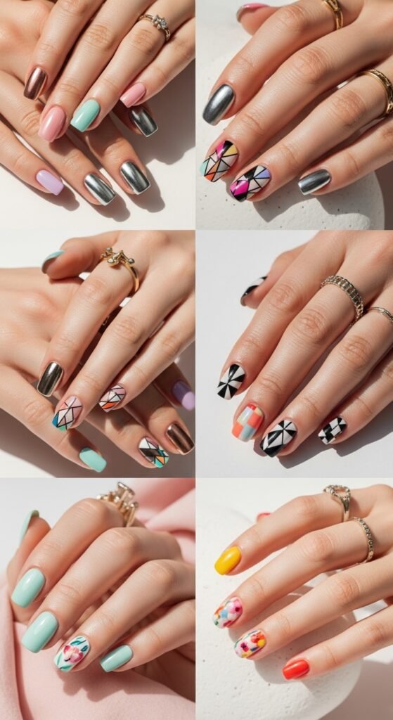 A stunning spring nails editorial featuring beautifully manicured hands with pastel florals, butterfly accents, glazed donut chrome, and vibrant color-blocked designs surrounded by fresh spring flowers, showcasing 20 spring nails ideas for fresh blooming manicures to welcome the sunshine.