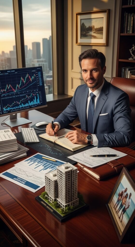 A beautifully styled aspirational millionaire lifestyle scene featuring a luxurious penthouse living room, financial planning books, investment charts, elegant decor, and golden lighting, showcasing 22 millionaire lifestyle ideas as a blueprint for achieving financial freedom and living rich.