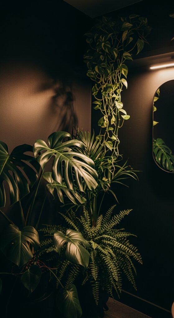 A beautifully transformed moody bathroom featuring dark walls, black tile, warm layered lighting, gold brass fixtures, freestanding tub, and lush plants, showcasing 20 moody bathroom ideas to create a dramatic and luxurious sanctuary at home.